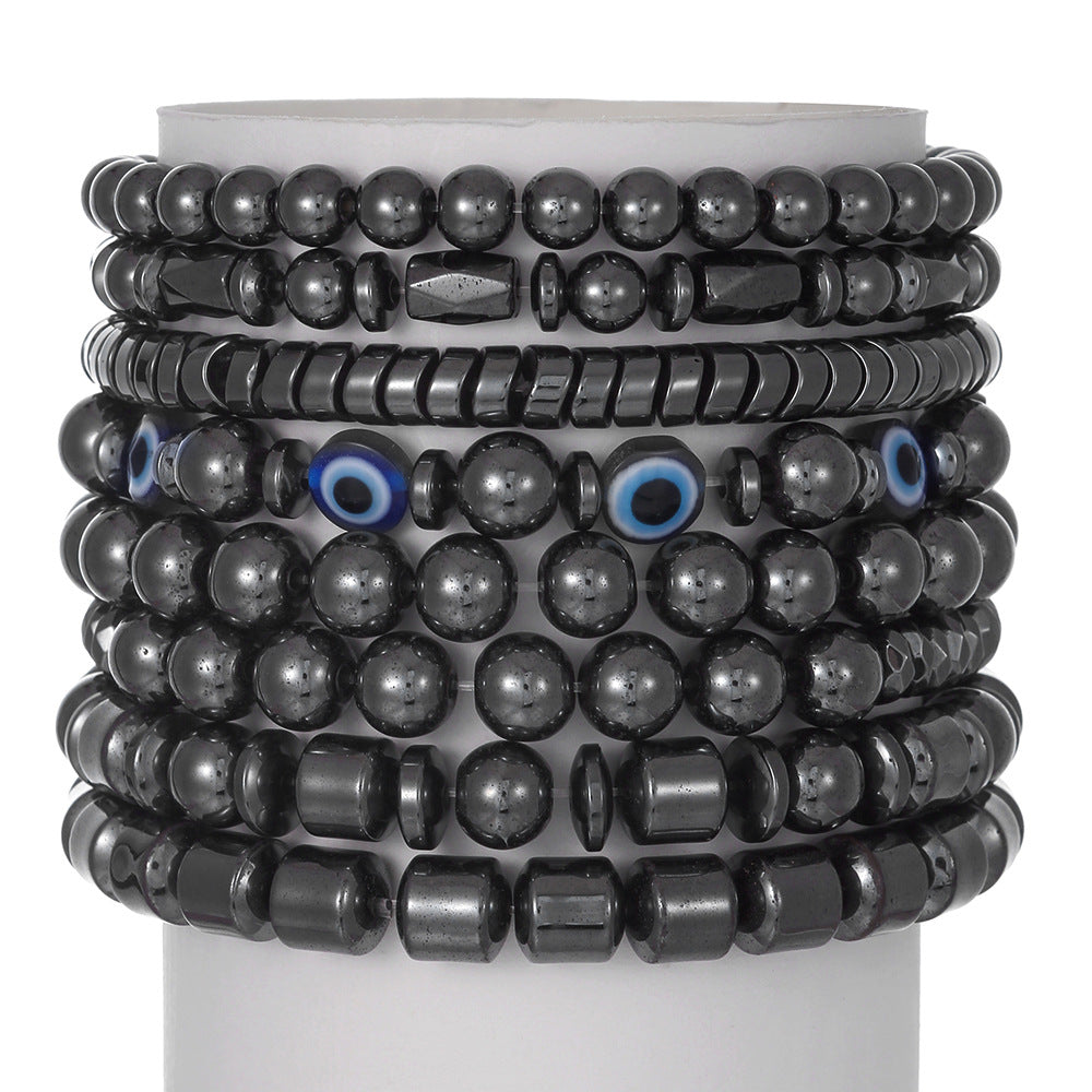 Geometric Round Hematite Magnetic Bracelet with Evil Eye Design