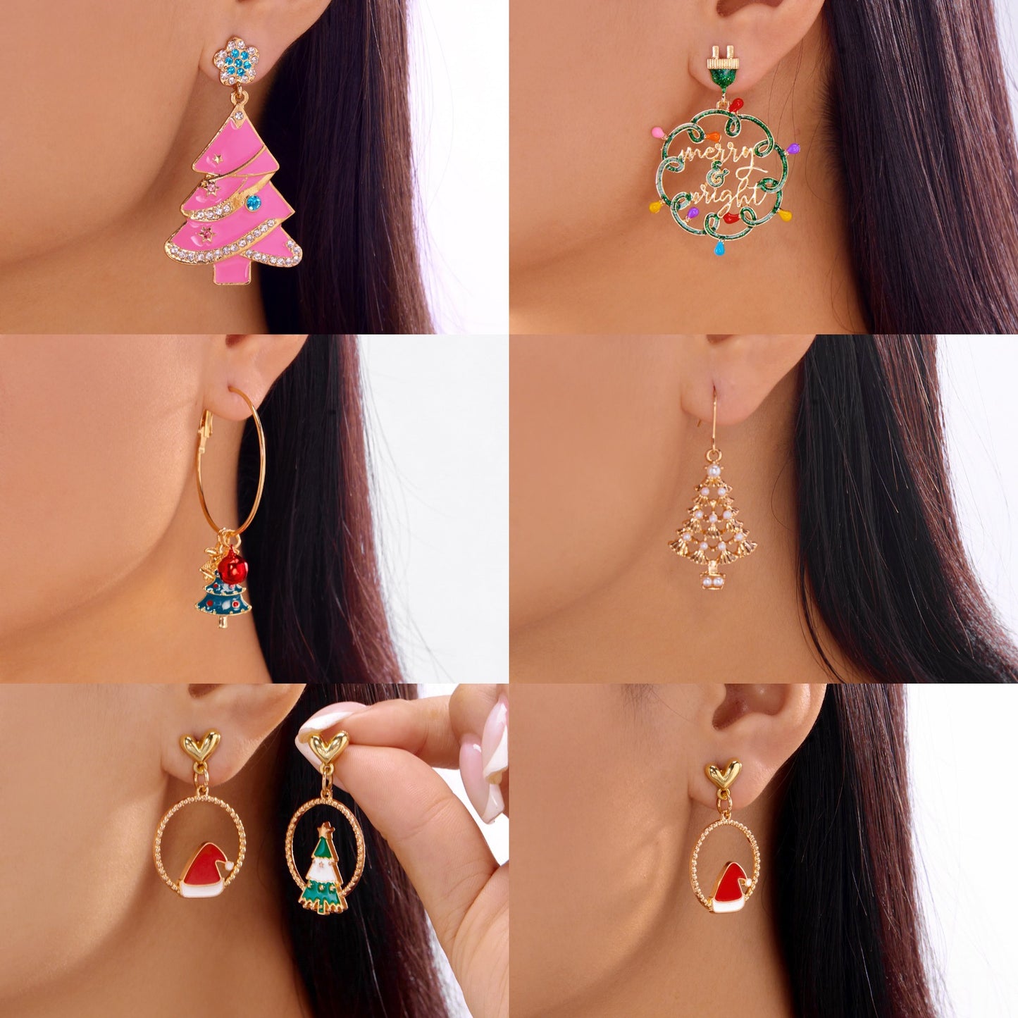 Pendientes de aro con colgante de árbol de Navidad, estilo dulce navideño, adornados con diamantes de imitación, diseño irregular y acabado de aleación chapada