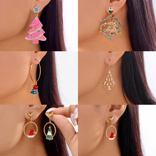 Sweet Christmas Style Rhinestone-Embellished Christmas Tree Pendant Hoop Earrings with Irregular Design and Plated Alloy Finish