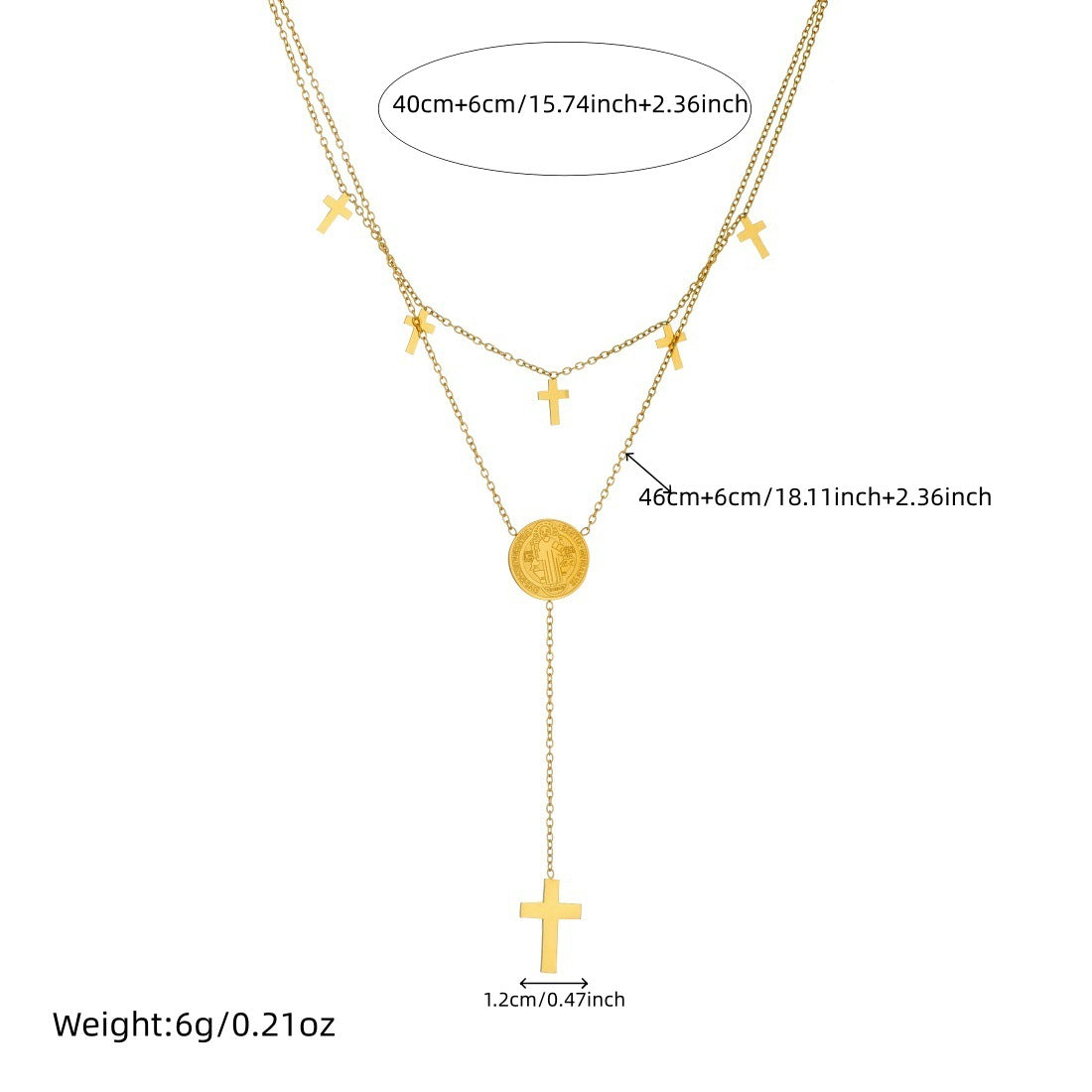 Minimalist Elegant Stainless Steel Plated Double Layer Round Cross Coin Pendant Necklace for Women