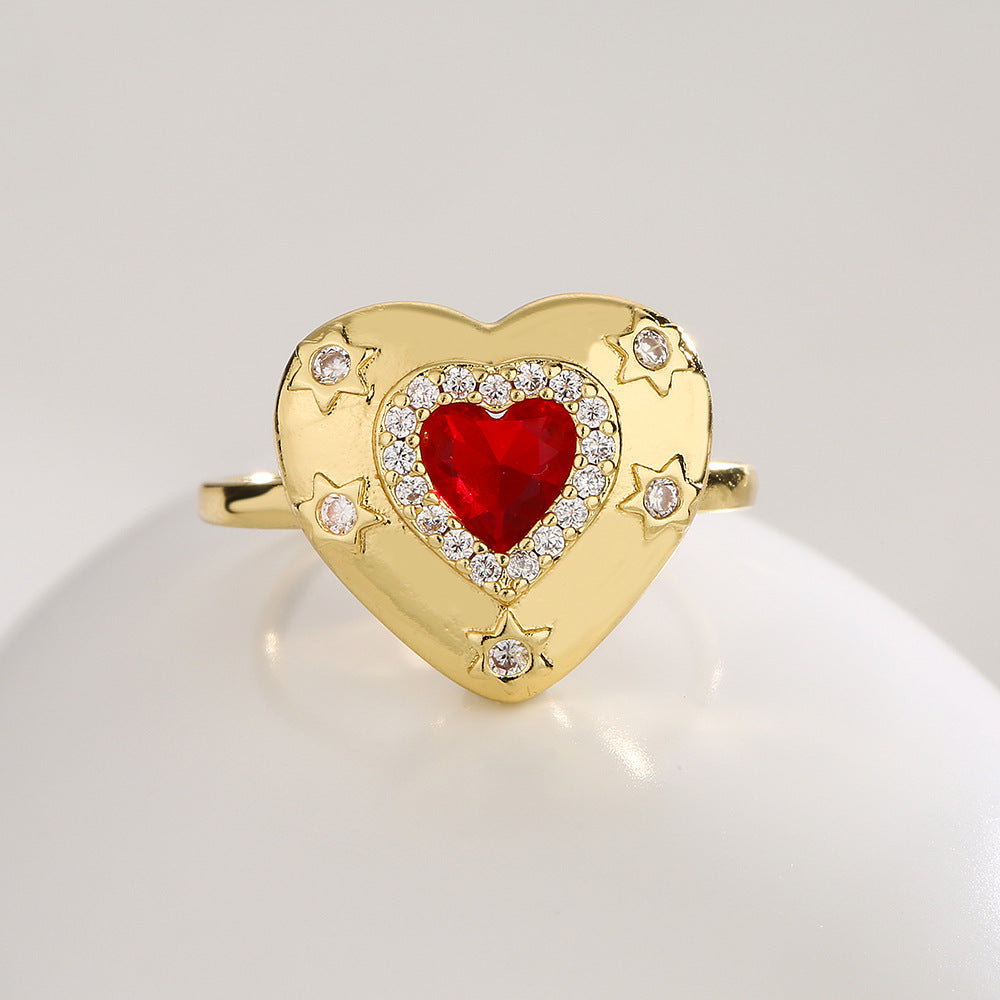Vintage Geometric Open Ring for Women with Copper Base Plated in 18K Gold and Inlaid with Zircon Heart Accent