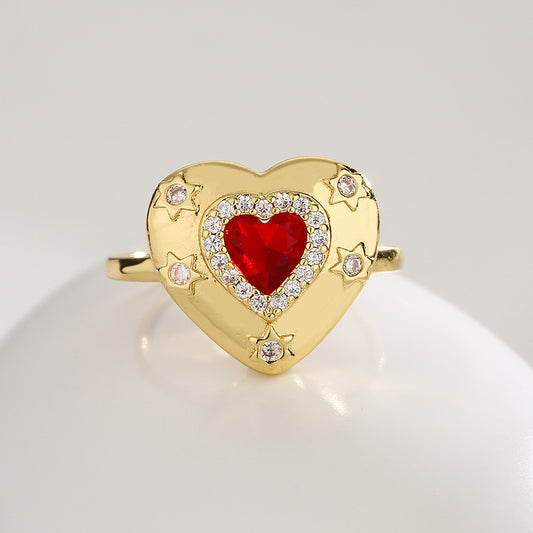 Anello Aperto Geometrico Vintage da Donna con Base in Rame Placcato in Oro 18K e Intarsiato con Accento a Cuore in Zircone