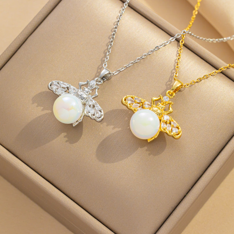 Minimalist Bee-Shaped Titanium Steel Necklace with Mother-of-Pearl Pendant, Electroplated Finish, O-Chain, Lightweight for Women