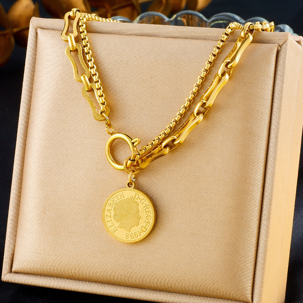 Vintage Gold Plated Stainless Steel Coin Round Star Pendant Tassel Jewelry Set with Box Chain