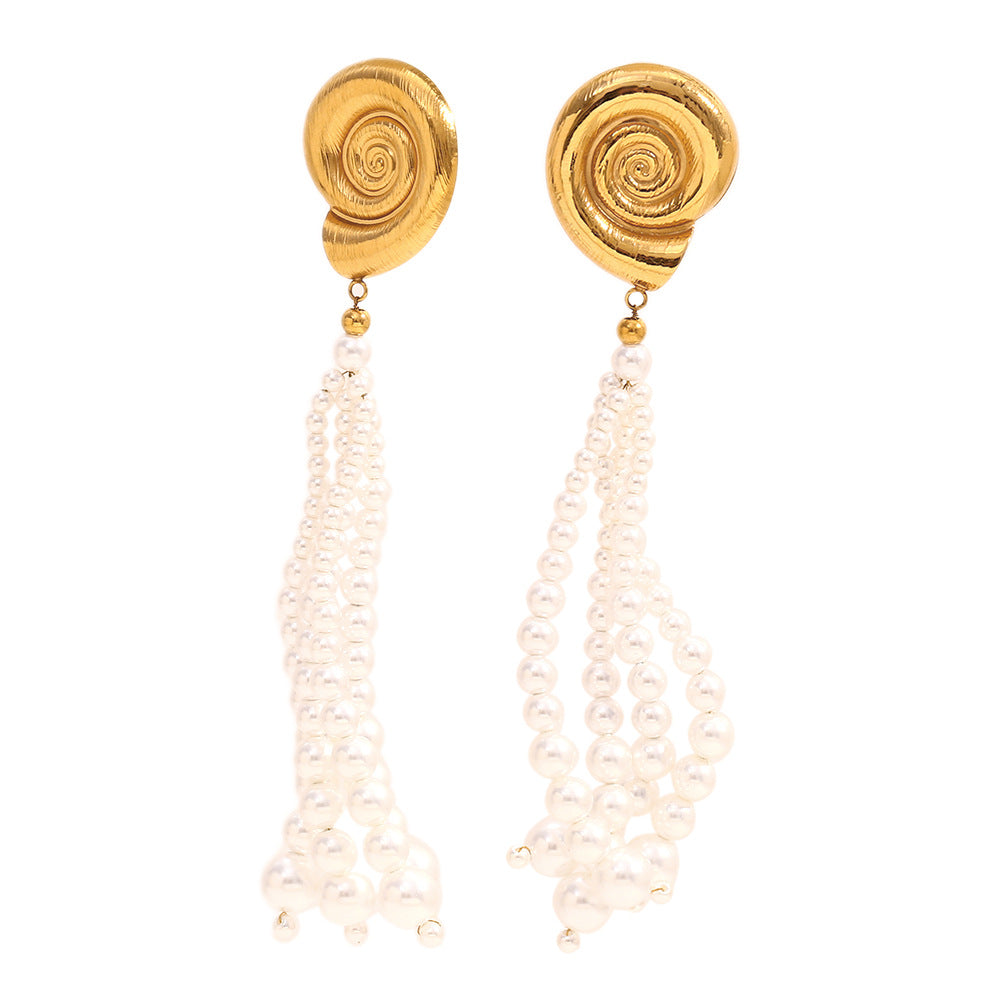 Fashion OL Geometric Stainless Steel 18K Gold Plated Imitation Pearl Tassel Shell Earrings for Women
