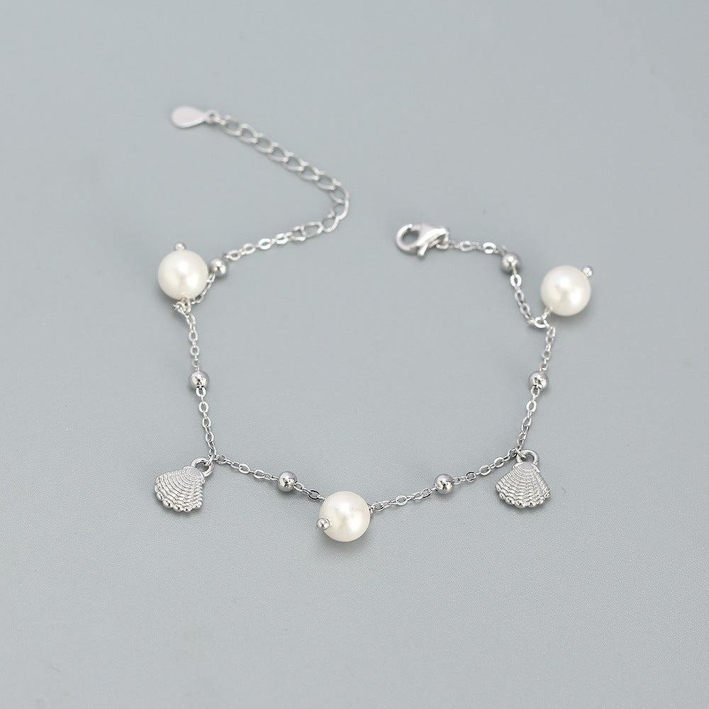 Sweet 925 Sterling Silver Geometric Pearl Shell Charm Bracelet for Women