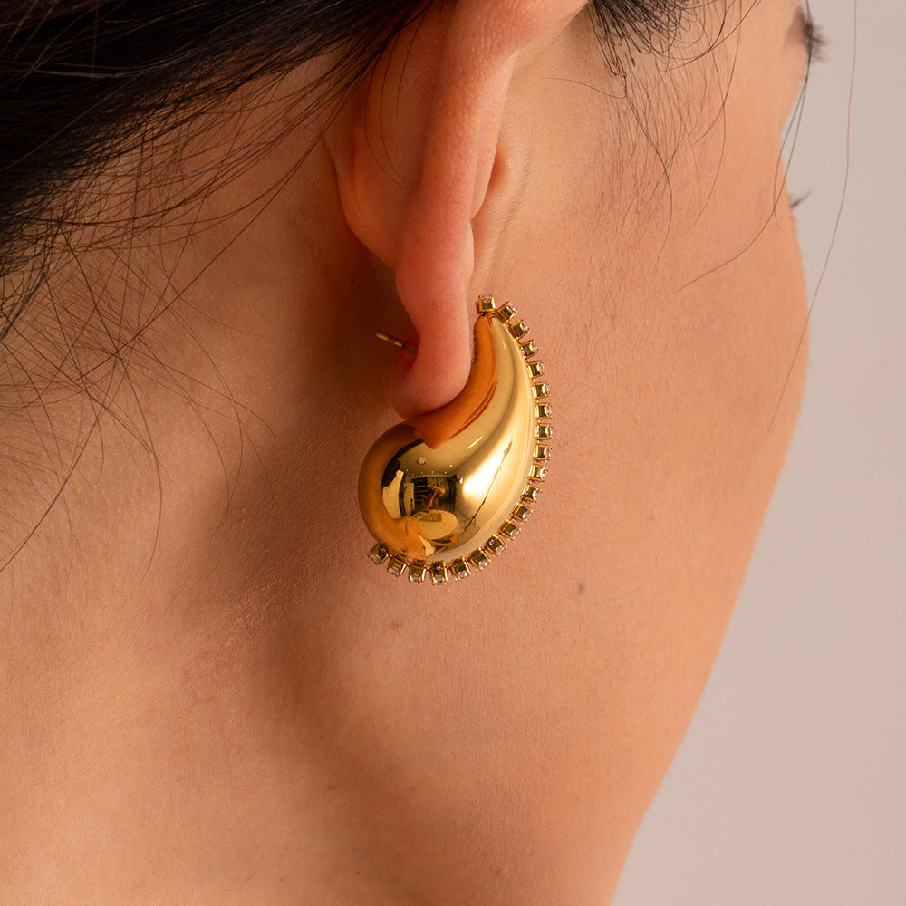 Pendientes de Mujer de Acero Inoxidable con Zirconia y Baño de Oro de 18K, Diseño Geométrico de Gota de Agua