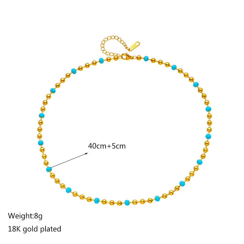 Minimalist Geometric Titanium Steel Plated Necklace with Turquoise Beads and Round Ball Chain for Women