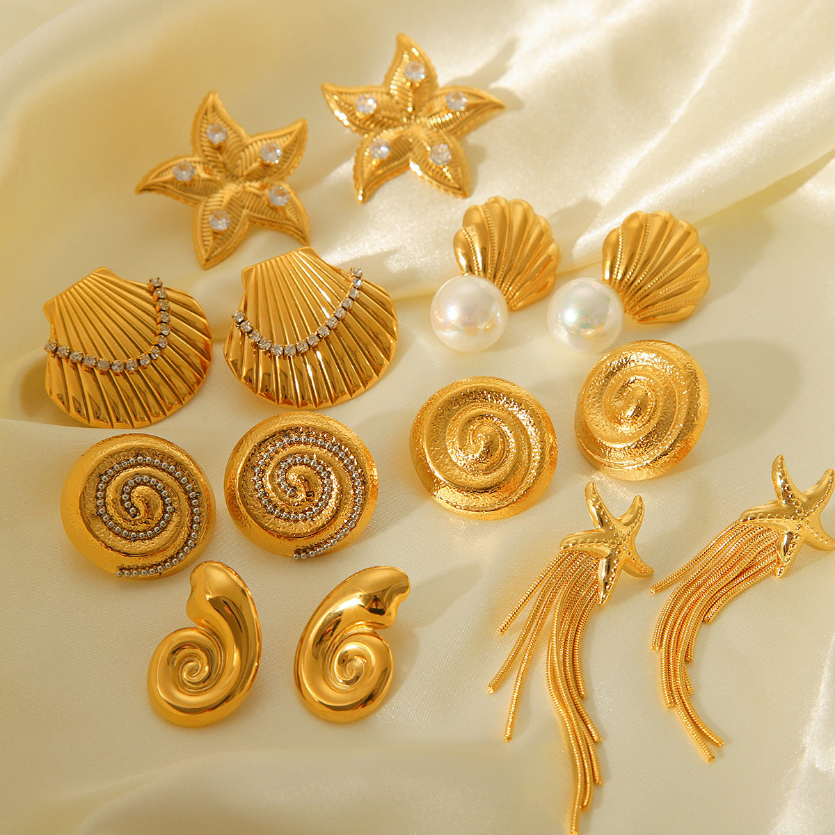 Ins Style Seashell and Starfish Shaped Titanium Steel Earrings with 18K Gold Plating for Women