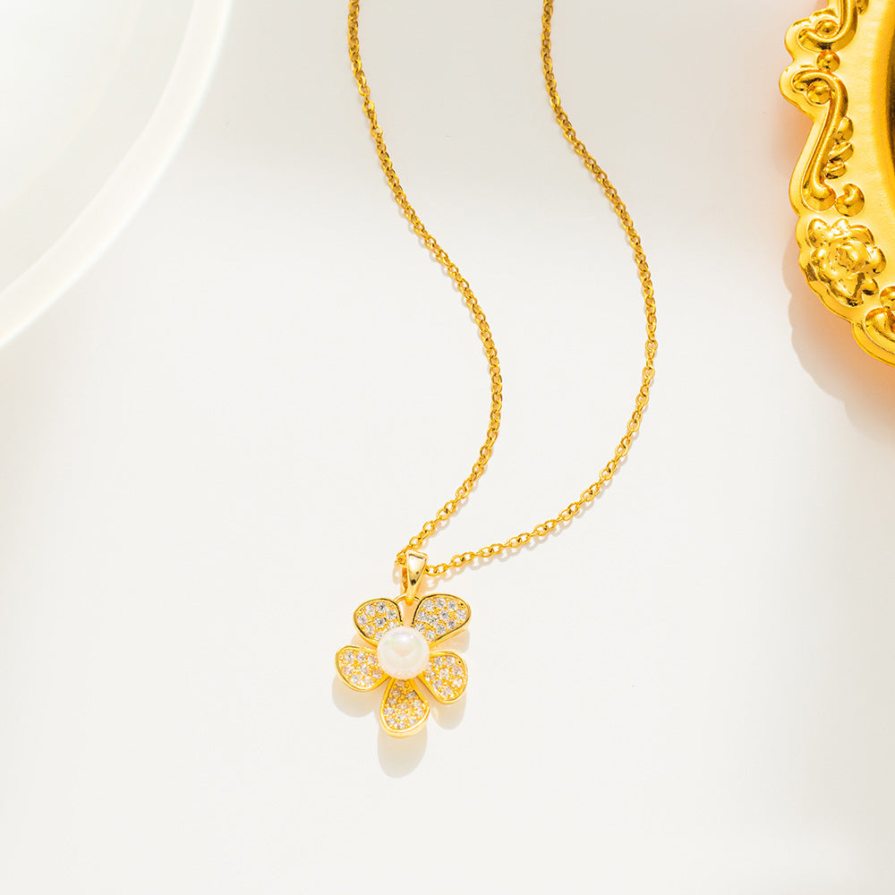 Minimalist 18K Gold Plated Titanium Steel Flower Pearl Pendant Necklace O-Chain