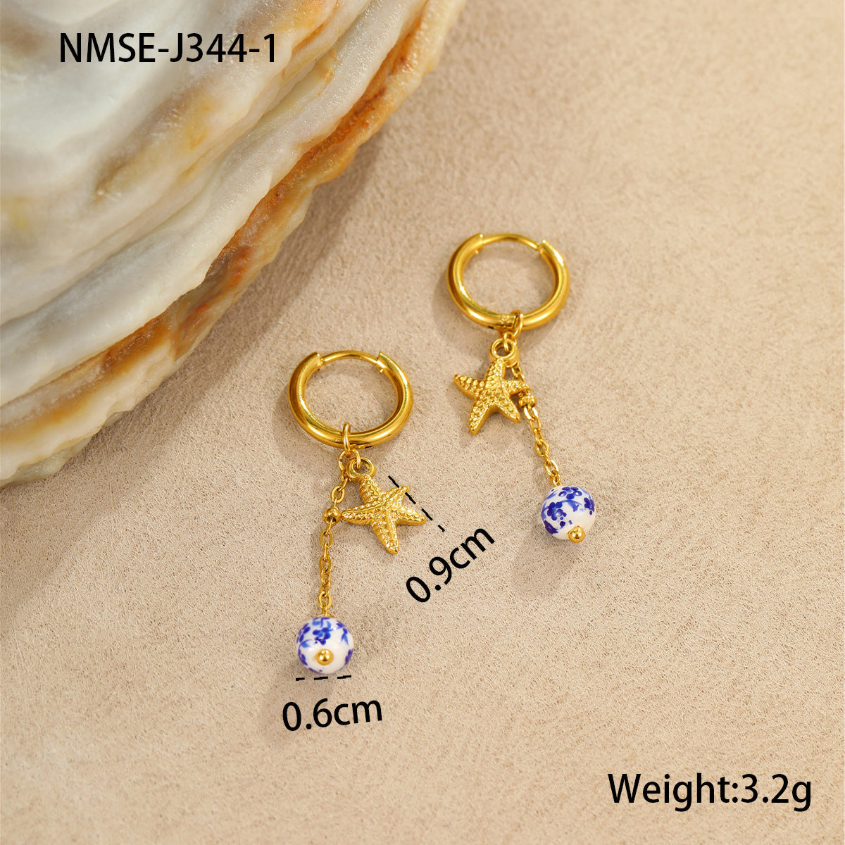 Pendientes de Acero Inoxidable con Forma de Estrella, Acentos de Concha de Cerámica y Estrella, Diseño Electrochapado Inspirado en el Océano para Mujeres
