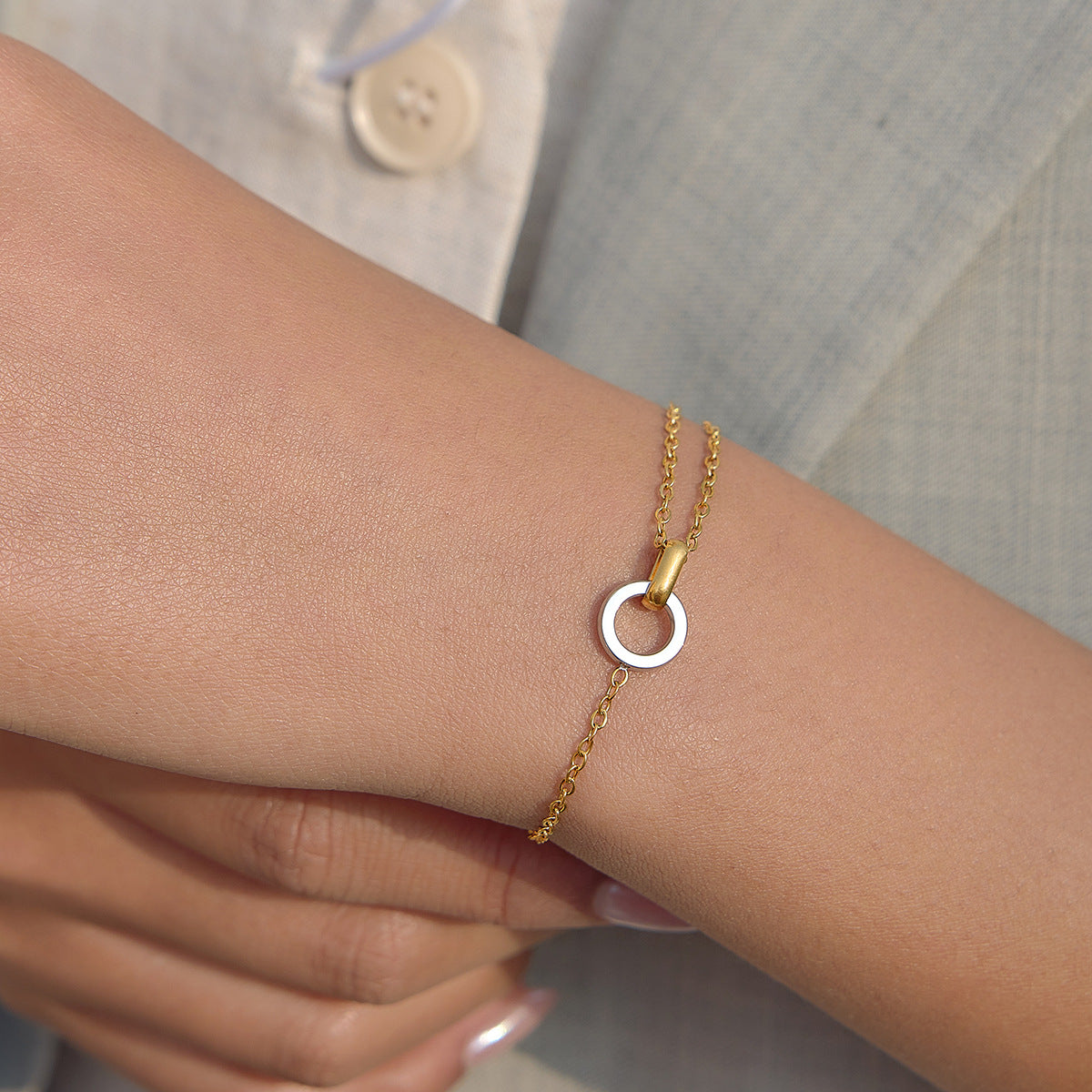 Elegant Round Geometric Stainless Steel and Titanium Steel Plated Necklace and Bracelet Set for Women with Cable Chain