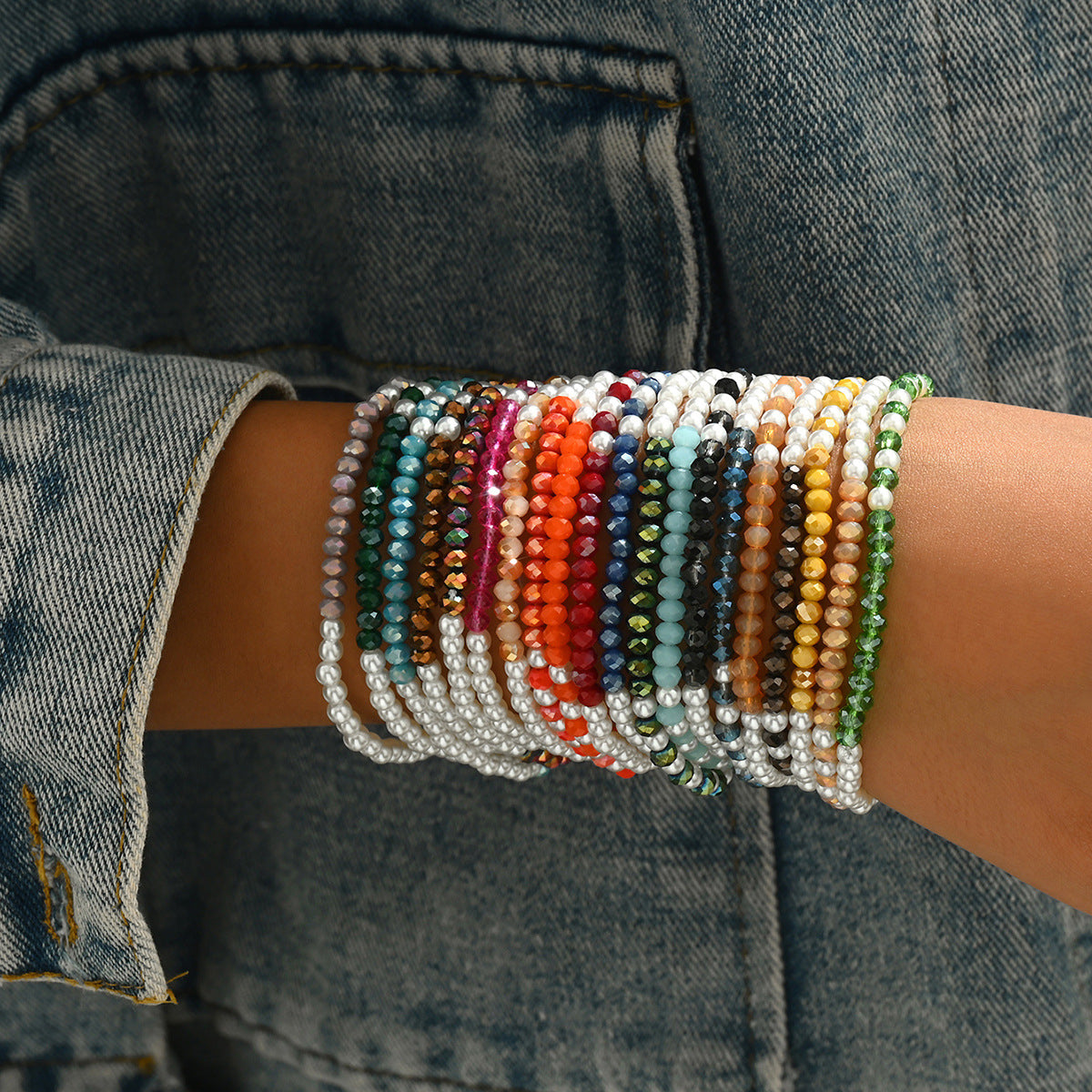 Set di bracciali con perle e cristalli geometrici stile bohémien minimalista, fatti a mano, intrecciati, accessorio di moda per donna