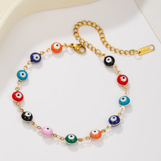 Bohemian Style Colorful Retro Evil Eye Anklet and Bracelet in Stainless Steel with Geometric and Heart Motifs
