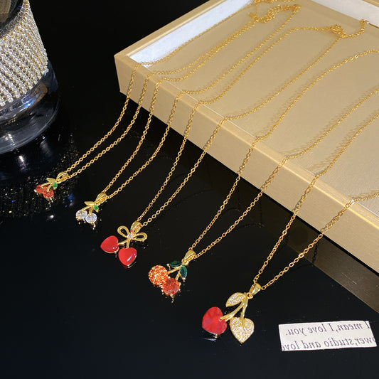 Sweet Rhinestone Cherry Fruit Pendant Titanium Steel Necklace with Cable Chain