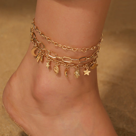 Minimalist Gold Plated Alloy Heart Star Moon Geometric Cuban Link Chain Anklet for Women