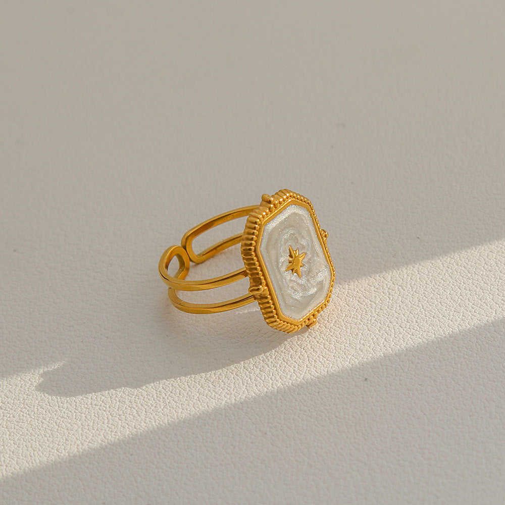 Vintage Instagram Style Adjustable Geometric Stainless Steel Ring with 18K Gold Plating for Women