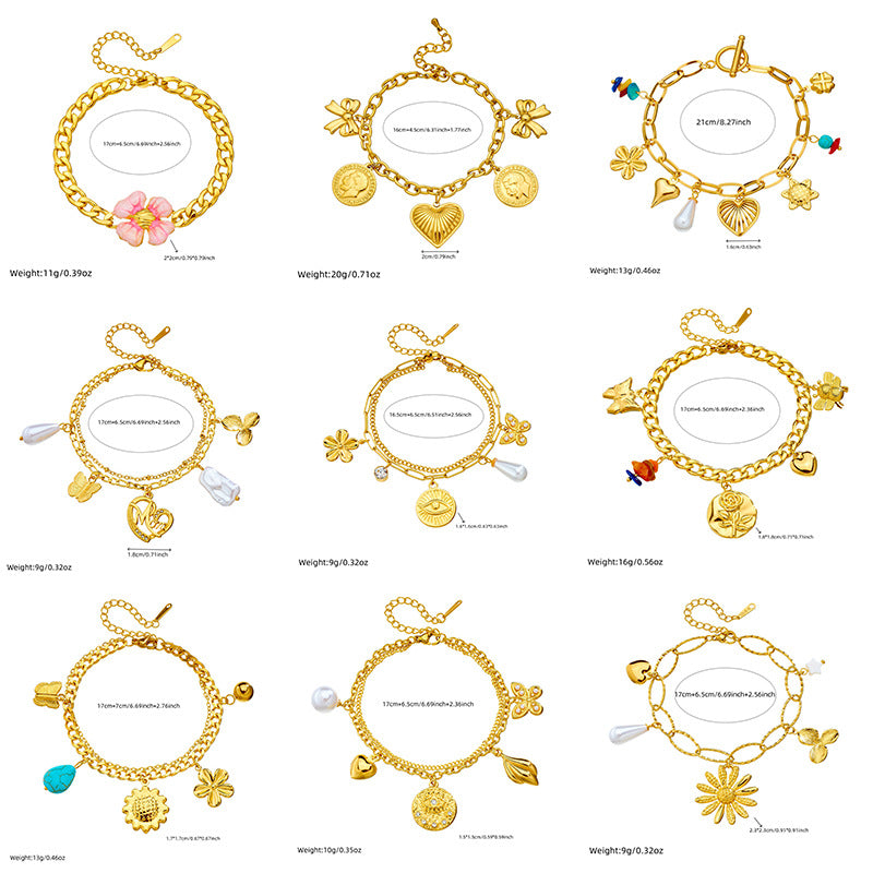 Bracciale con ciondolo floreale e a cuore in stile vintage in acciaio inossidabile con finitura placcata da donna