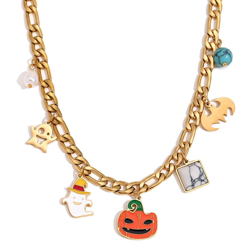 Cartoon Pumpkin Skull Pendant Necklace for Women Stainless Steel with 18K Gold Plating Halloween Themed Fashion Accessory