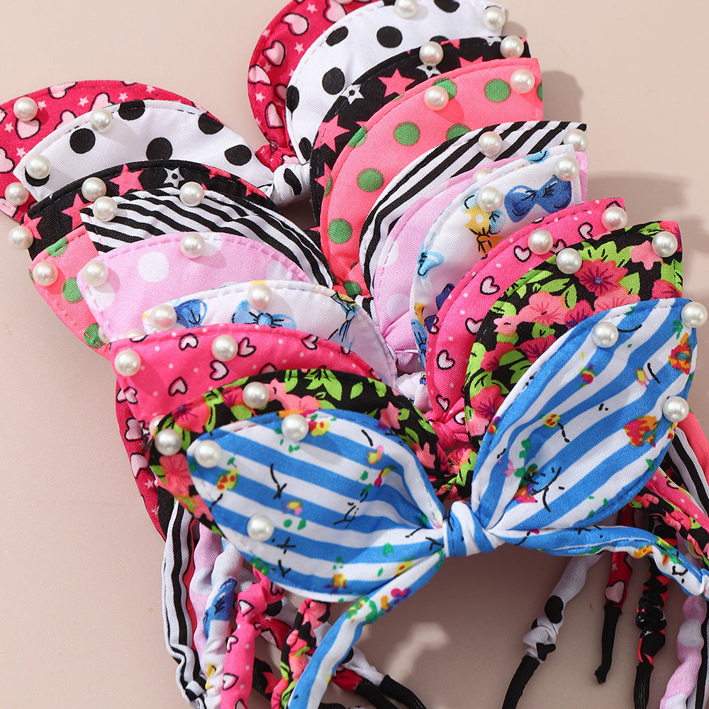 Cute Bow-Knot Rabbit Ear Headband for Kids with Pearl Accents in Fabric Material, Handmade Floral-Inspired Hair Accessory Set