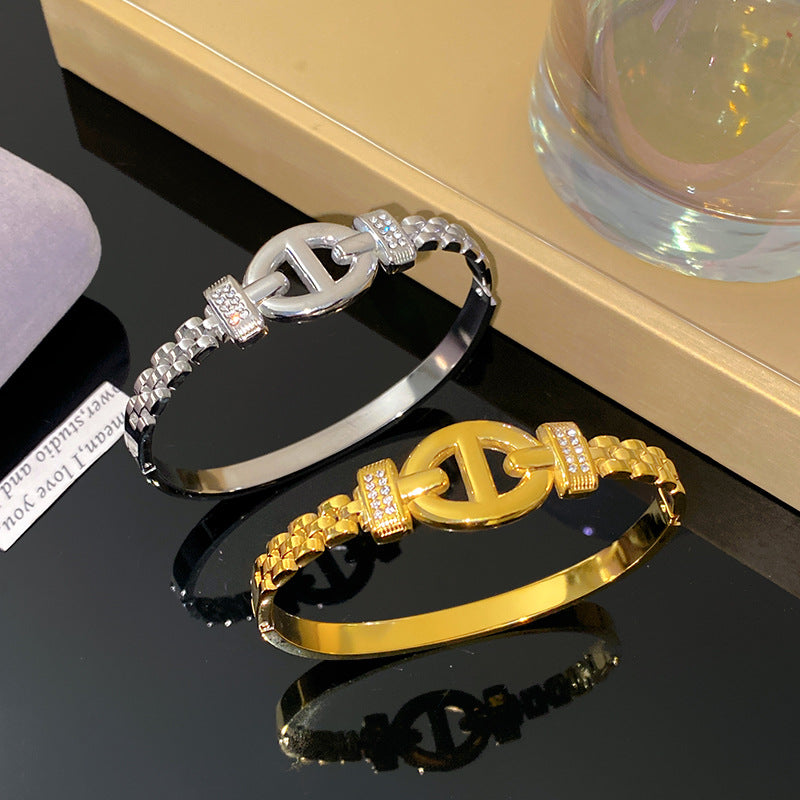 Minimalist Geometric Letter Titanium Steel Plated Rhinestone Bracelet for Women