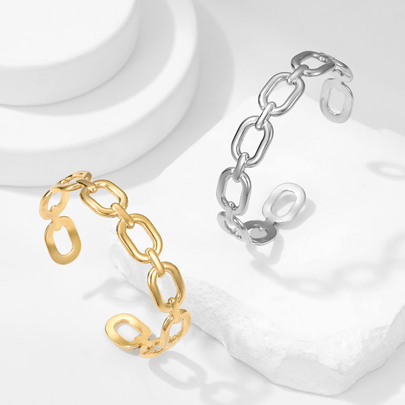 Minimalist Titanium Steel Open Bangle Bracelet for Women with Plated Finish and Chain Detail
