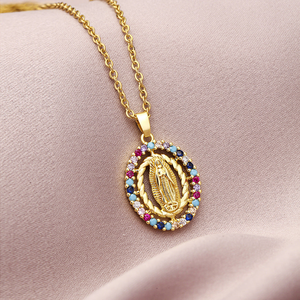 Collar con colgante de la Virgen María geométrico de moda para mujer con incrustaciones de circonita cúbica y cadena de cobre chapado en oro