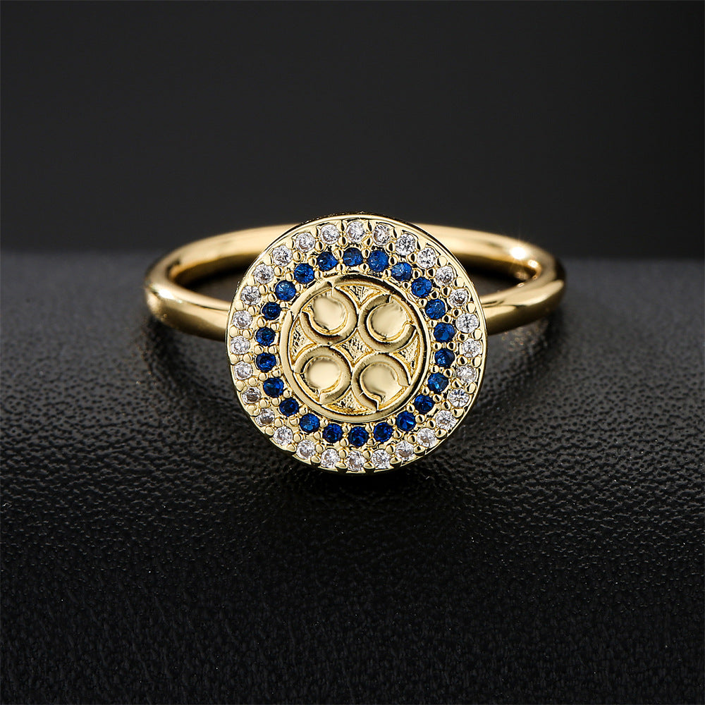 Anello aperto da donna vintage geometrico blu e bianco con zirconi, realizzato in rame con placcatura in oro vero