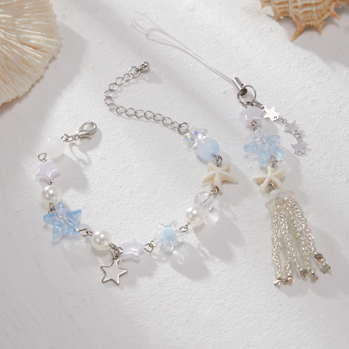 Pulsera con borlas en forma de estrella estilo vacaciones con perlas de imitación para mujer