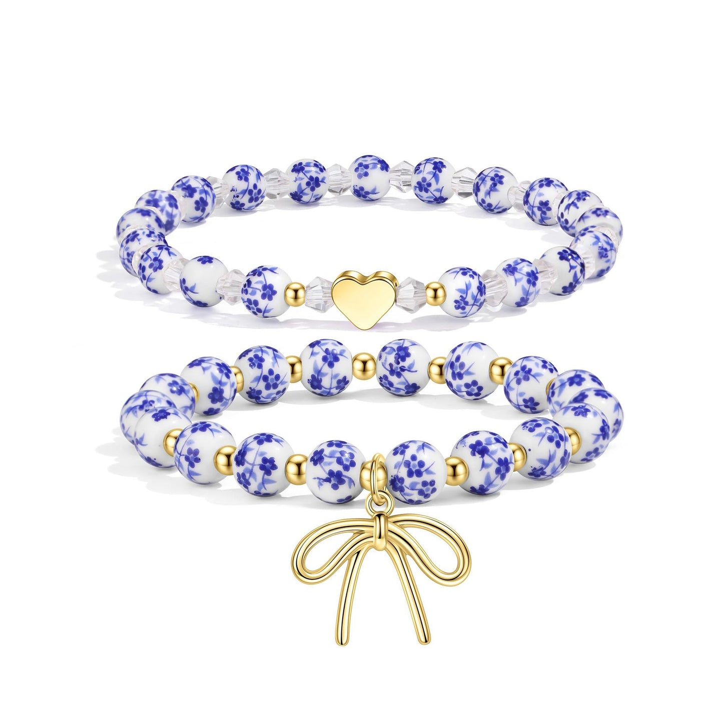 Minimalist Floral Ceramic Bow Rhinestone Beaded Elastic Bracelet for Women