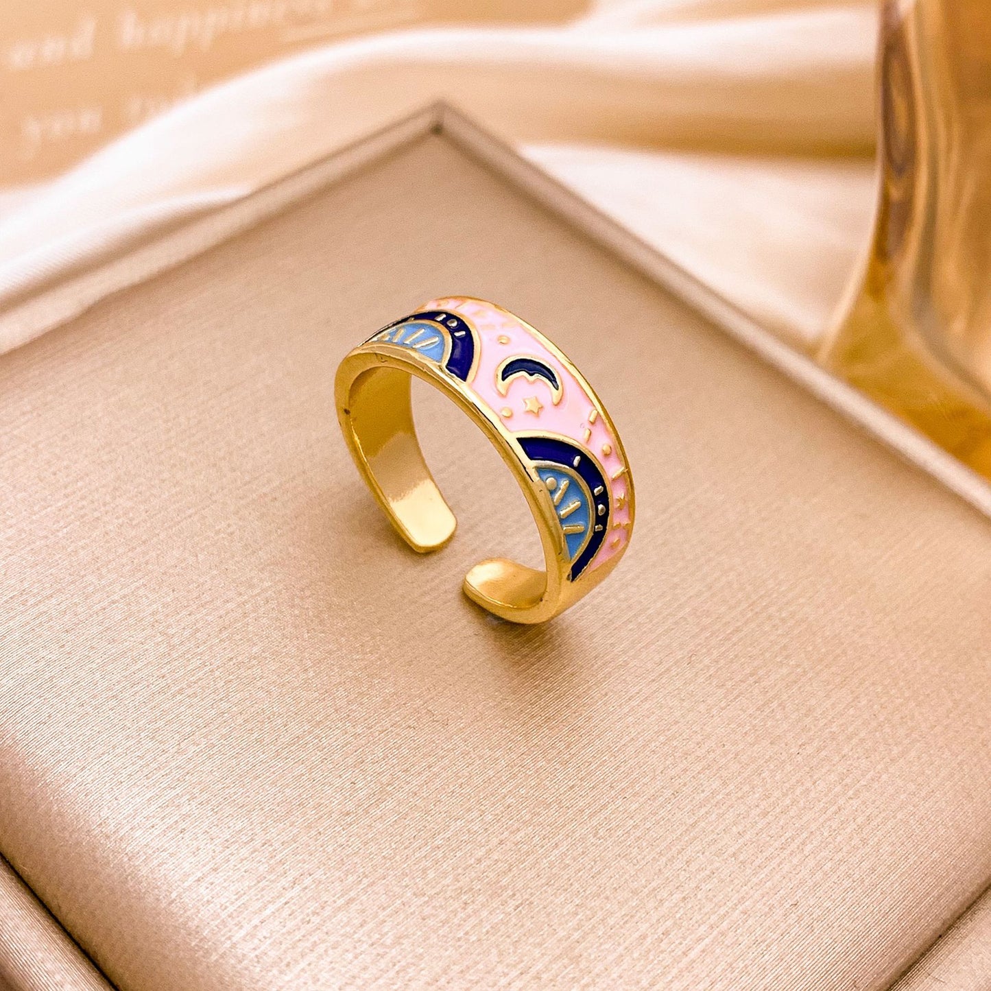 Sweet Minimalist Gold Plated Alloy Ring with Star Moon and Floral Design for Women