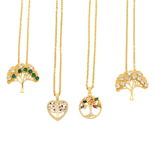 Collar con Colgante del Árbol de la Vida de Moda para Mujer en Cobre con Baño de Oro, Diseño Geométrico, Cadena tipo O, Estilo Minimalista y Versátil