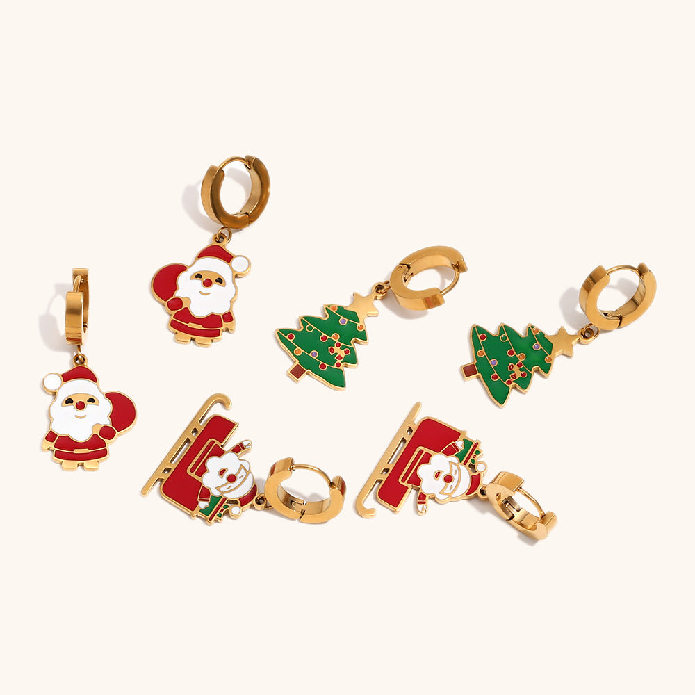 Fashionable OL Style Cartoon Santa Claus Sled Reindeer Christmas Tree Earrings for Women in Stainless Steel with 18K Gold Plating