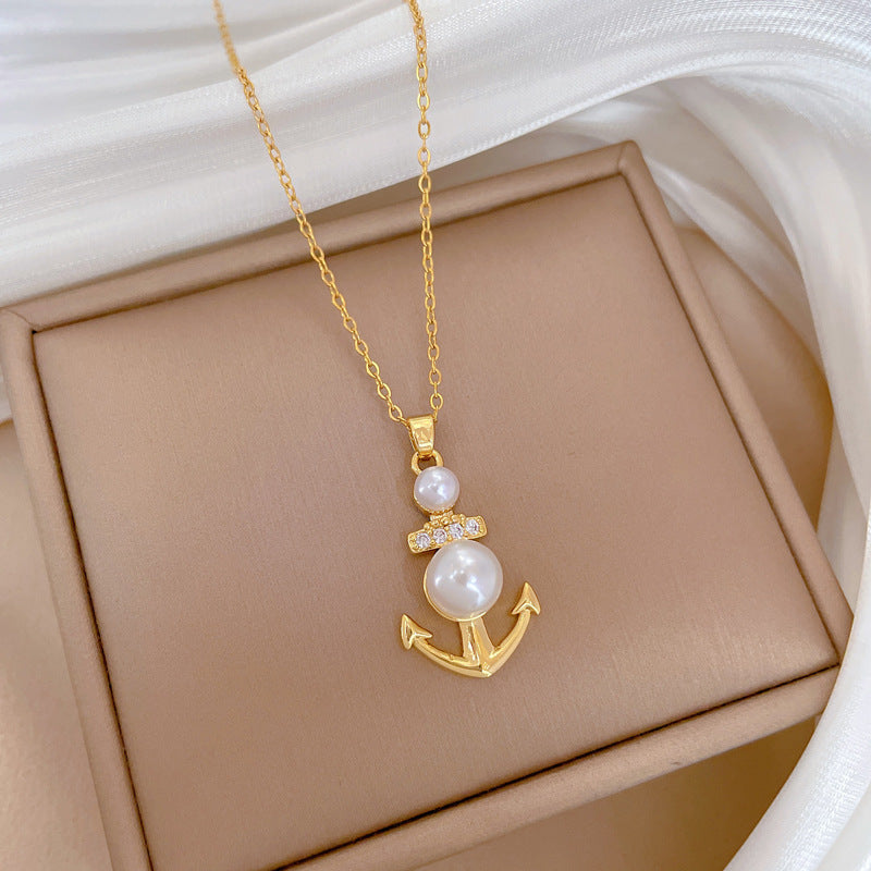 Minimalist Anchor Pendant Necklace in Titanium Steel with Pearl Accents for Women and Men