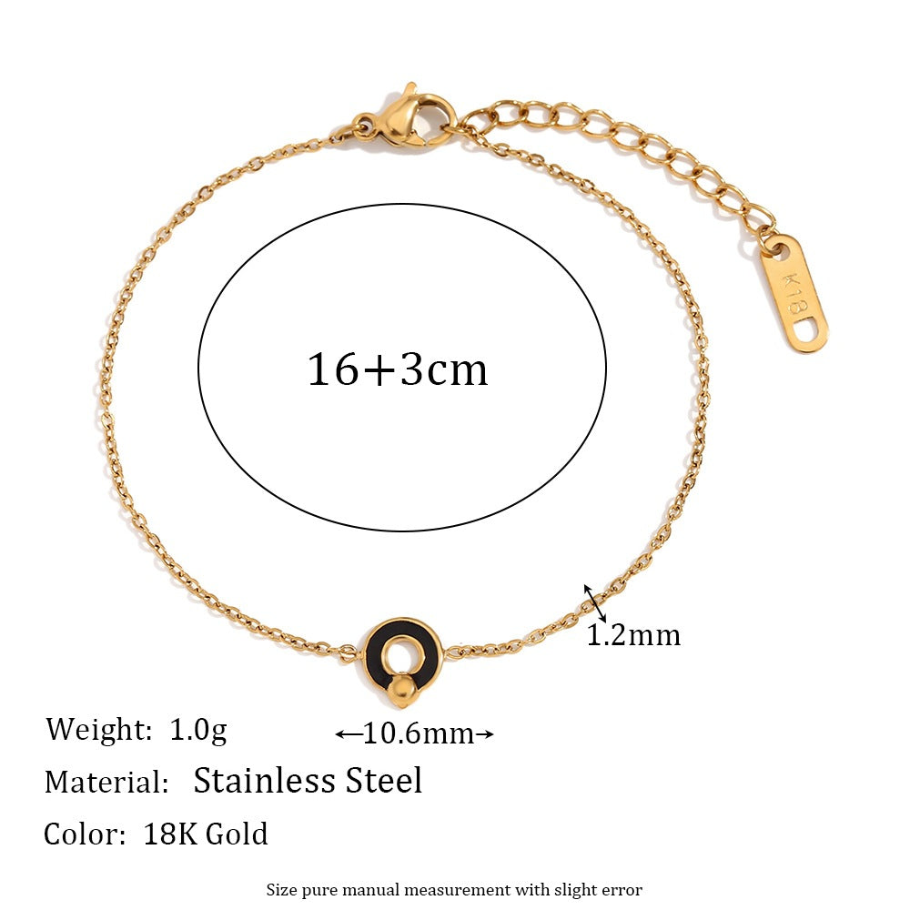 Fashionable Minimalist Geometric Stainless Steel Plated 18K Gold Black Enamel Round Symbol Bracelet for Women