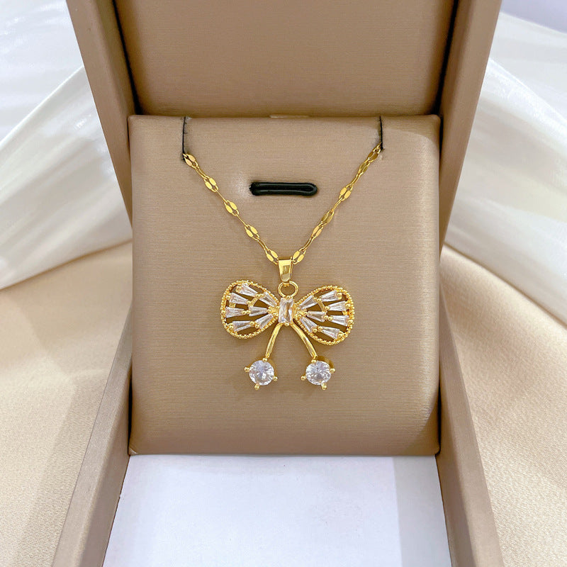 Luxury Titanium Steel Micro-Pave Butterfly Necklace and Earrings Set for Women Elegant Party Jewelry
