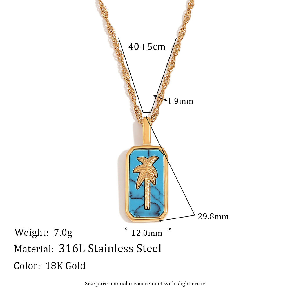 Fashionable Geometric Stainless Steel Plated 18K Gold Pendant Necklace with Mother-of-Pearl and Coconut Tree Design for Women