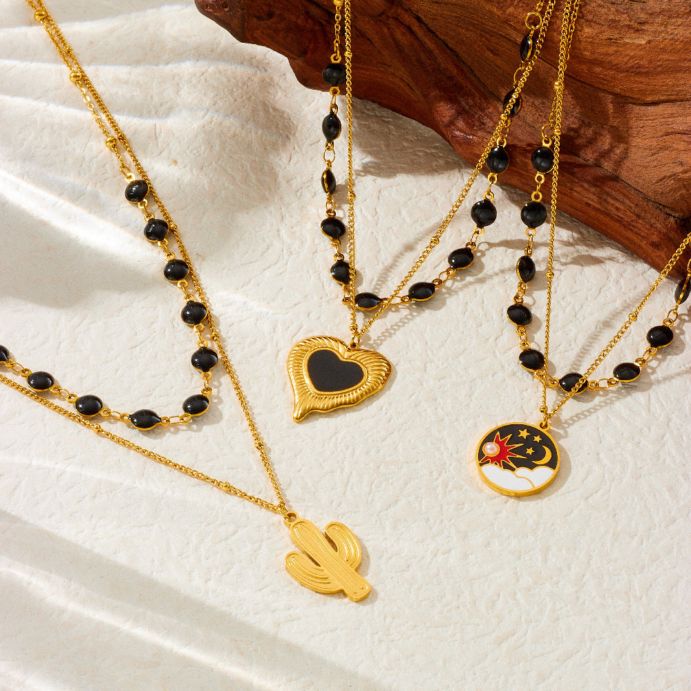 Fashion Black Drip Oil Heart Moon Round Stainless Steel Plated Double Layer Necklace for Women