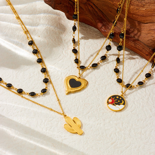 Fashion Black Drip Oil Heart Moon Round Stainless Steel Plated Double Layer Necklace for Women