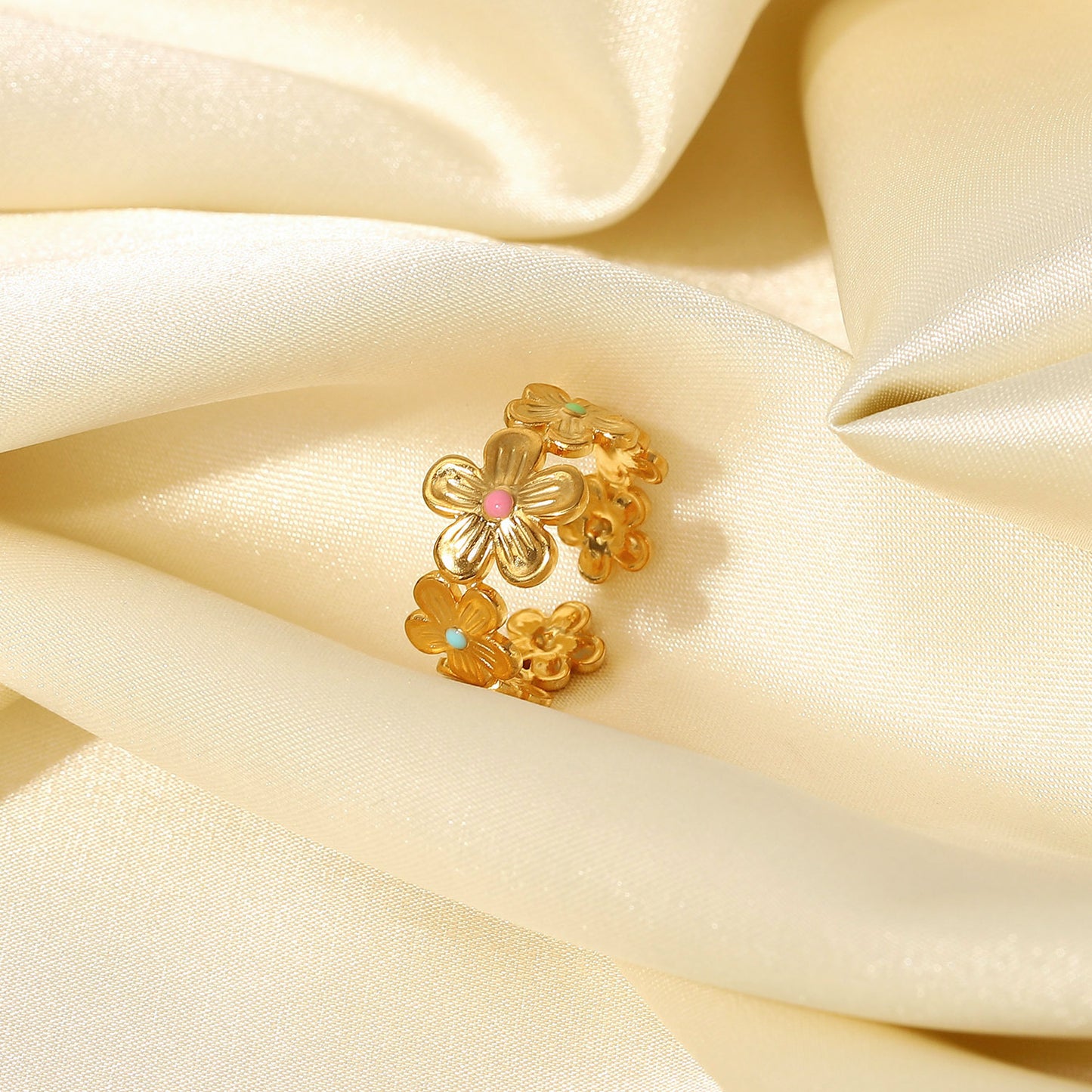Ins Style Geometric Flower Enamel Plated 18K Gold Stainless Steel Ring for Women