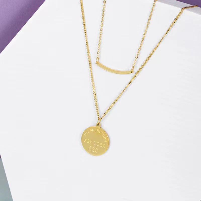 Minimalist Geometric Letter Pendant Necklace for Women Titanium Steel Plated Long Layered Clavicle Chain with O-Shape Link
