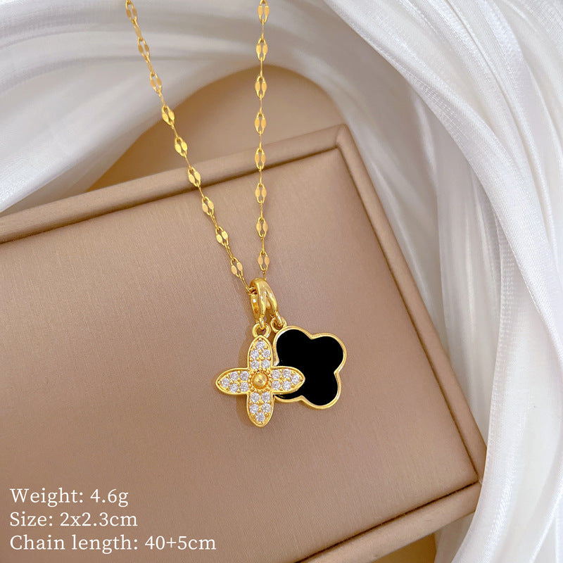 Luxury Double-Layer Floral Necklace for Women with Titanium Steel Chain and Moon Pendant
