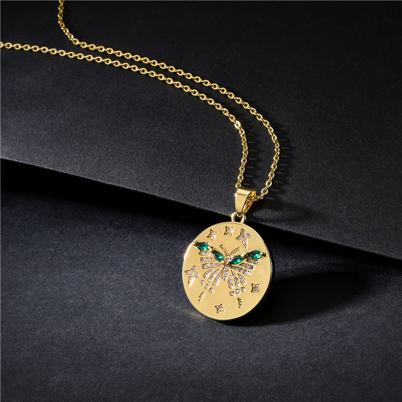 18K Gold Plated Round Animal Micro-Inlaid Cubic Zirconia Brass Pendant Necklace with Cable Chain