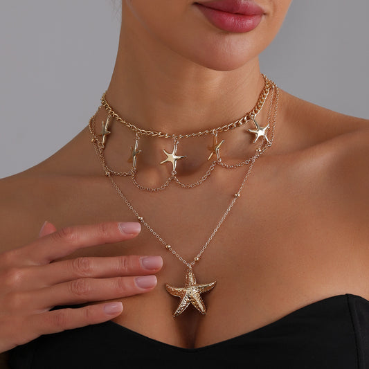 Collar con colgante de estrella de mar retro chic de aleación con acabado galvanizado para mujer, cadena de clavícula multicapa con diseño geométrico