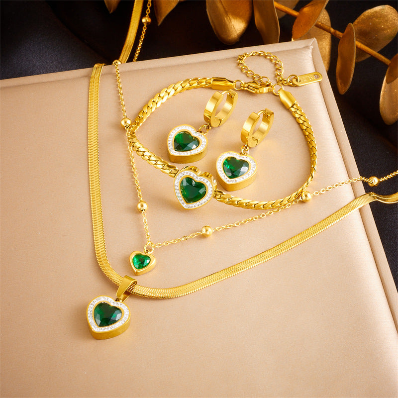 Parure Bracciale Orecchini Collana Vintage Lusso Cuore Smeraldo Strass Acciaio Inossidabile