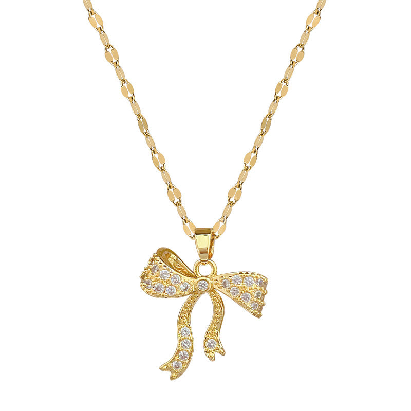 Collana con pendente di lusso con fiocco in strass per donna, girocollo delicato in acciaio inossidabile con lunghezza della catena regolabile