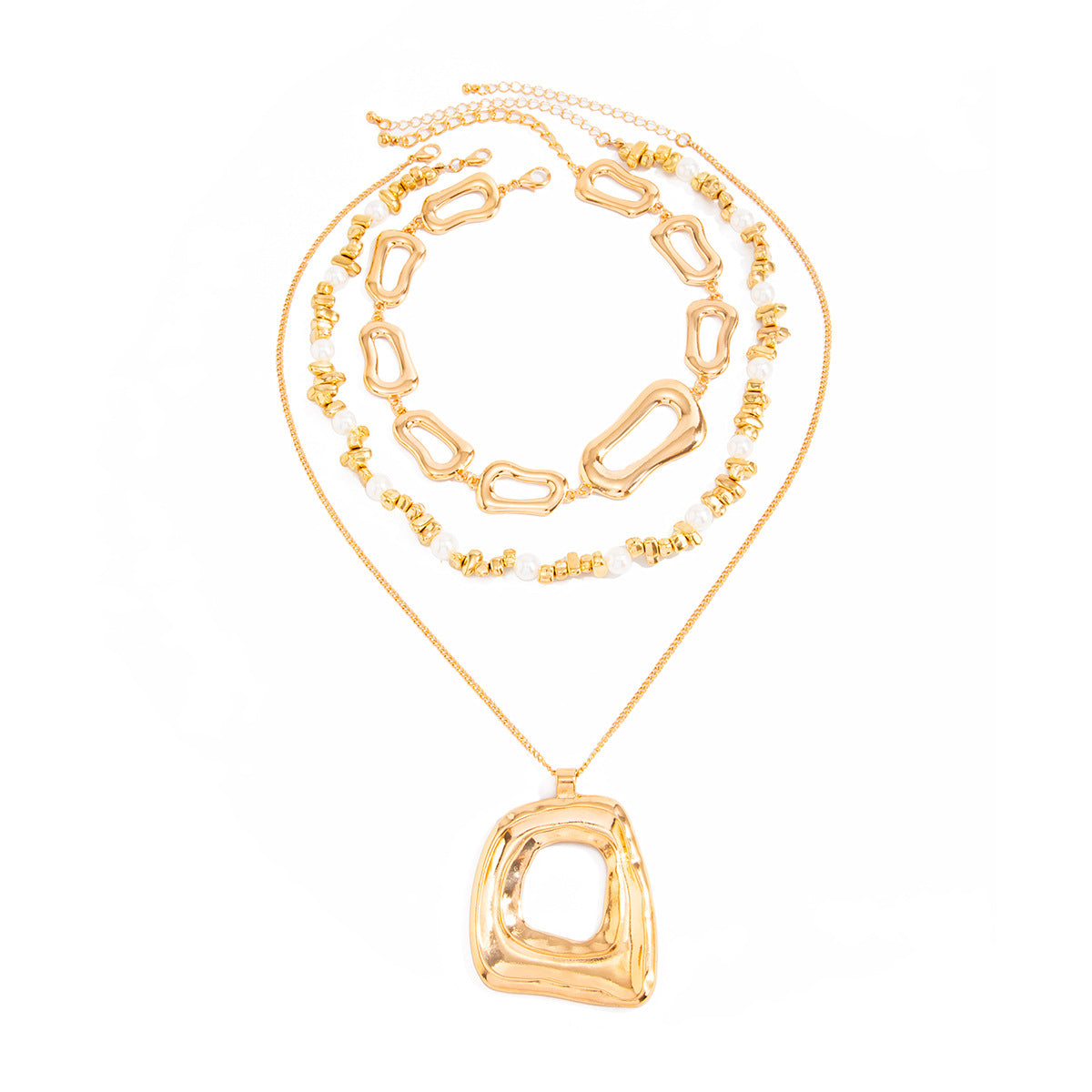 Layered Geometric Square Hollow Alloy Necklace with Irregular CCB Pearl Pendant for Women