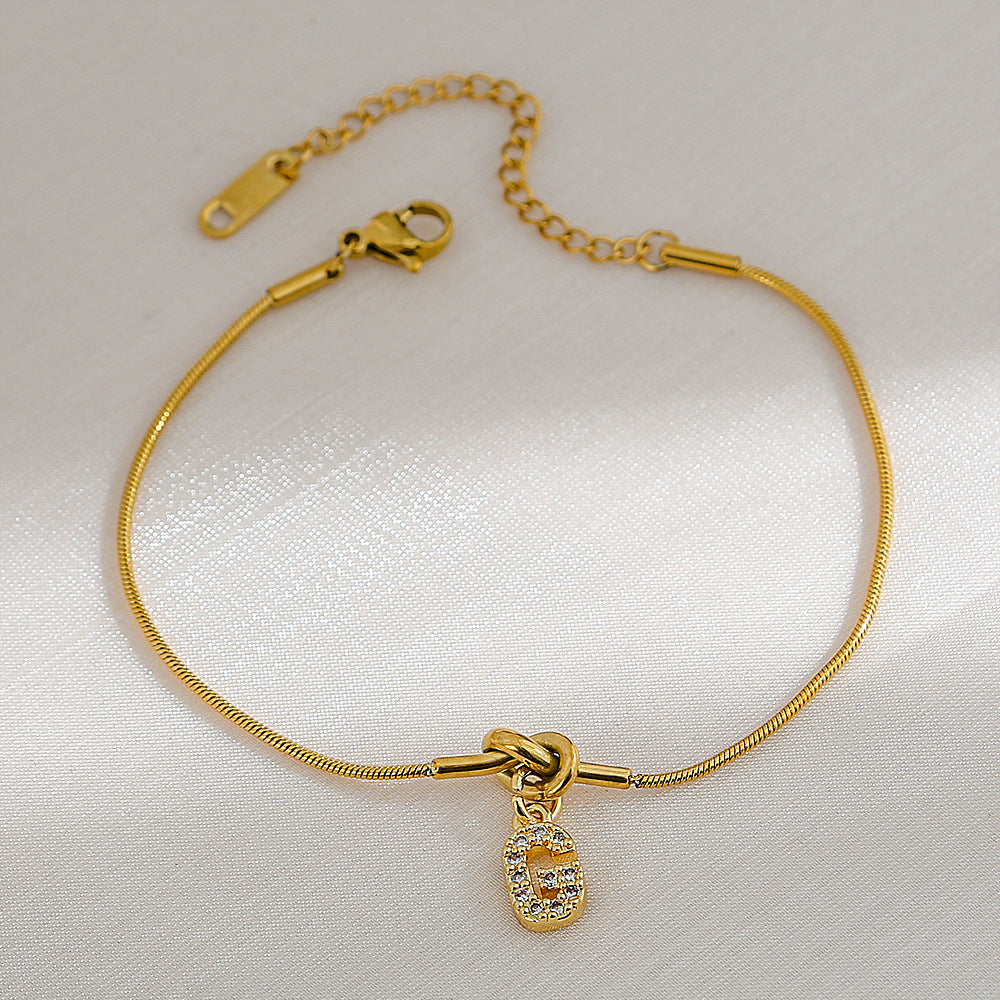 18K Gold Plated Stainless Steel Letter Heart Knot Charm Bar Bracelet for Women