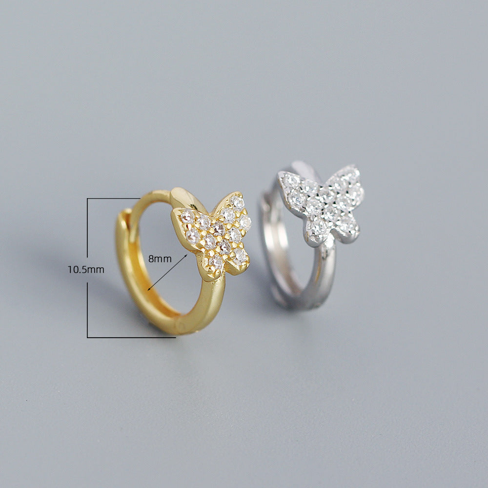Sweet Minimalist Butterfly-Shaped S925 Sterling Silver Stud Earrings with Rhinestone Inlay