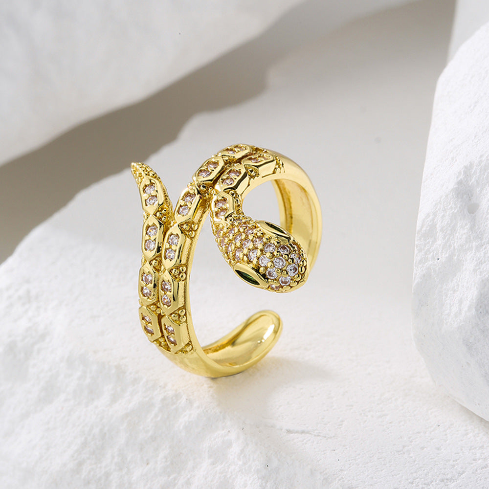 Fashionable Snake-Shaped Geometric Ring for Women Made of Brass with Real Gold Plating and Micro-Pavé Zirconia